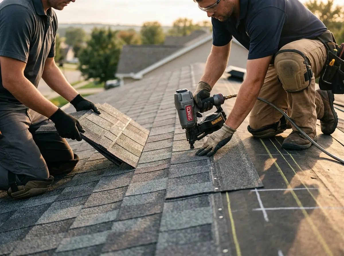 Professional roofer working on a residential roof in North Bethesda